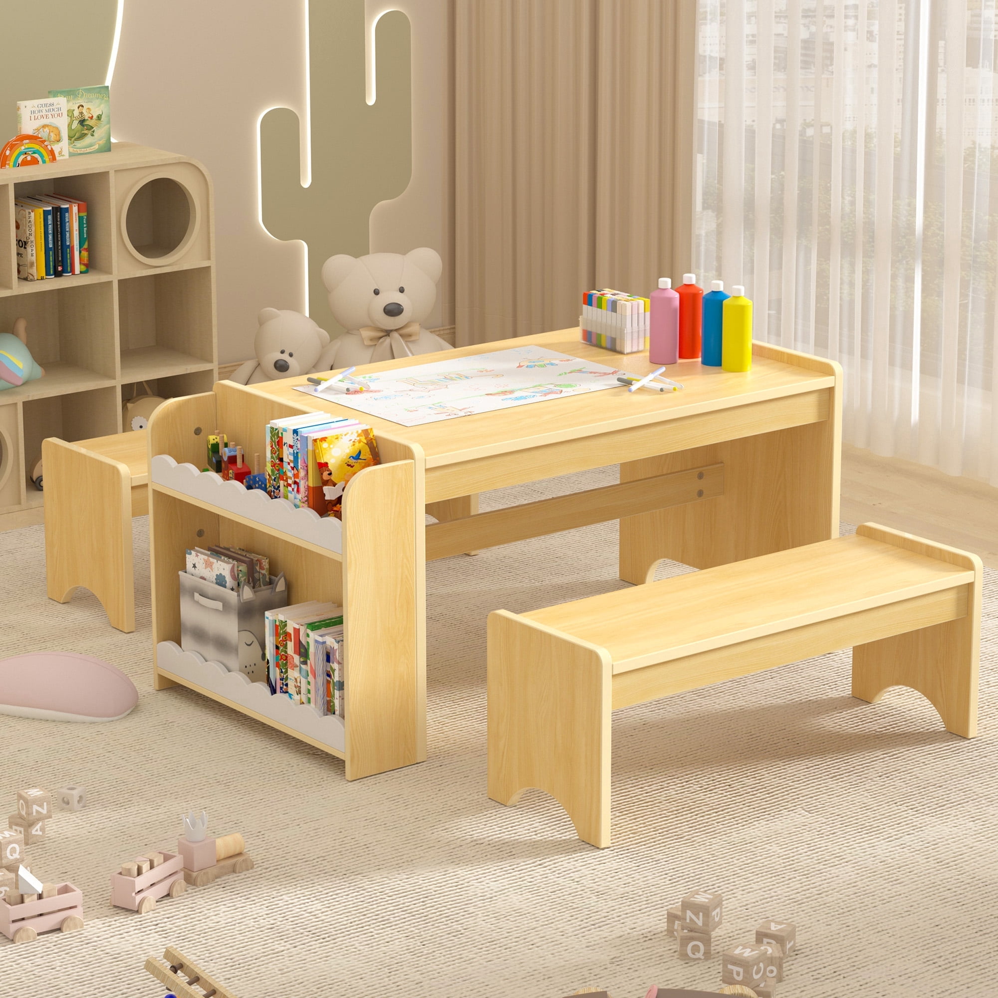 Reasea Wooden Kids Table and Chair Set, Montessori Activity Table with Storage, Toddler Craft Desk